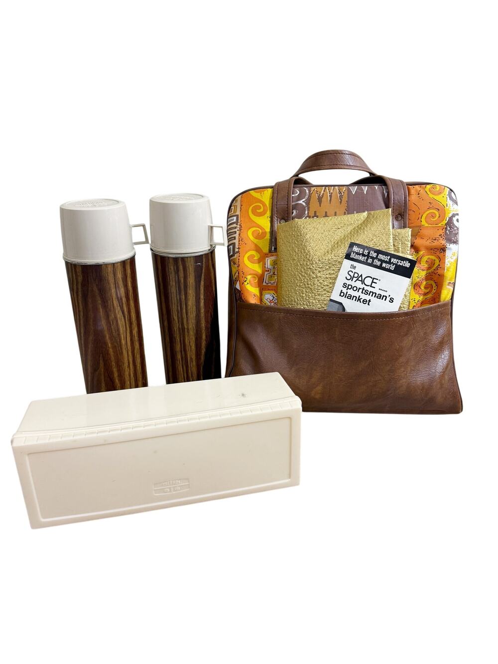 Vintage 70s Thermos Picnic Set with Carrying Case EUC Zip Top Fun Pattern Accent